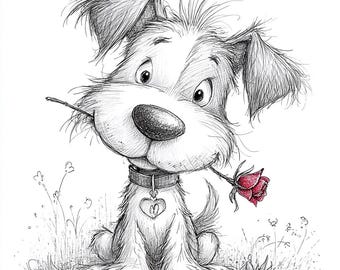 Romantic Dog Clipart, Cute Sketch Puppy With Rose PNG Set, Whimsical Valentine Dog Illustration For Cards And Crafts