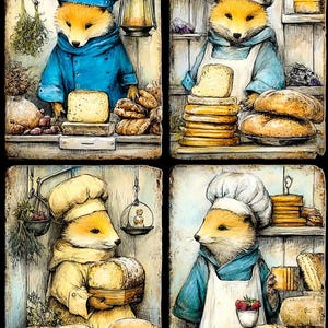 Könnte beinhalten: Eine skurrile Illustration in vier Feldern zeigt anthropomorphe Füchse in Bäckeruniformen. Jeder Fuchs ist von Backwaren wie Brot und Gebäck umgeben. Die Füchse tragen Kochmützen und Schürzen, mit einer rustikalen, Vintage-Ästhetik.