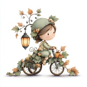 Autumn Biking, Fall Bicycle Art, Cozy Bike Ride, Cute Fall Girl, Whimsy Cyclist, Pumpkin Ride, Lantern Bike, Kids on Bikes, Leafy Ride