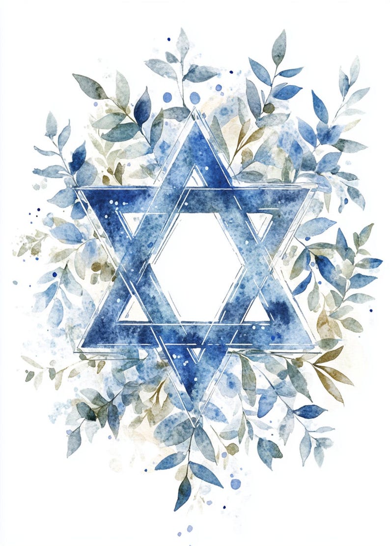May include: A blue watercolour Star of David surrounded by blue and green watercolour leaves.
