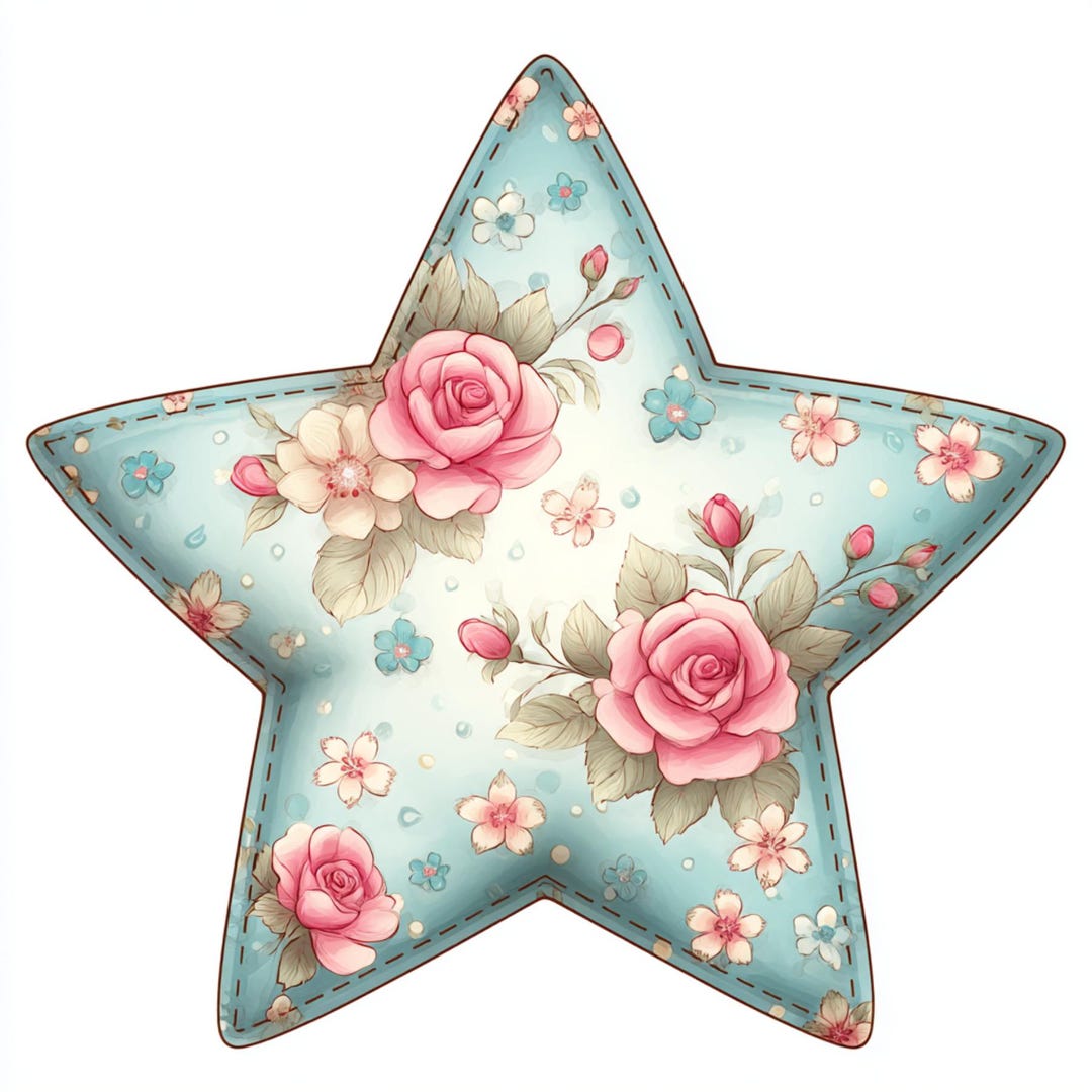 Floral Star, Pastel Star Decor, Rose Pattern Star, Blue Flower Star ...