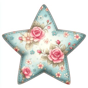 Stella floreale, stella con decoro pastello, stella con motivo a rose, stella con fiori blu, stella shabby chic, stampa a stella vintage, stella romantica, stella cottagecore