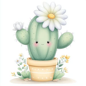 May include: A watercolor illustration of a smiling cactus with a large white daisy flower on its head. The cactus is in a light yellow pot with small yellow dots, surrounded by green leaves and small yellow flowers.
