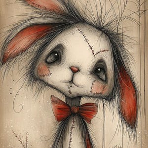 May include: A whimsical illustration of a stitched bunny with a red bow tie and red-lined ears. The bunny has a white face with blush and large, dark eyes. The artwork has a vintage, slightly distressed look, with a spiderweb in the background.
