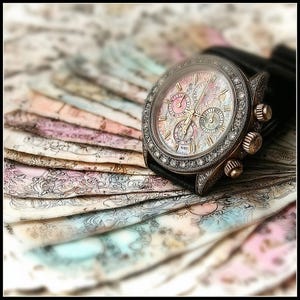May include: A luxury wristwatch with a diamond-encrusted bezel and a black leather strap. The watch face features a colorful, patterned design with multiple subdials. The watch rests on a bed of colorful, patterned banknotes.