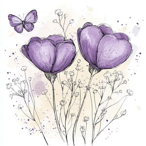 Lavendel Rosen, lila Blumen, Schmetterling Kunst, Blumenskizze, Aquarell Blüte, Tintenblumen, romantischer Druck, Rosenschmetterling, Garten Wandkunst