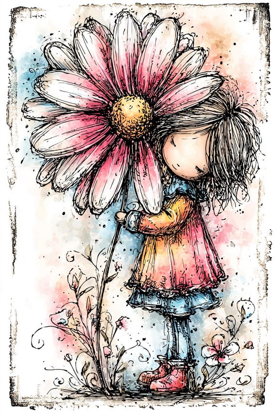 Daisy Girl Art, Whimsical Fairy, Flower Hug Print, Watercolor Girl, Pastel Flower Art, Cute Kids Room, Girl with Petal, Floral Fairy Art,
