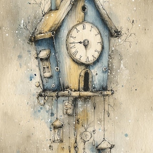 Cuckoo Clock Art, Whimsical Clock, Vintage Clock Art, Blue Wall Clock, Watercolor Clock, Clock House, Birdhouse Clock, Storybook Clock,