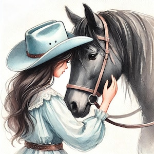 Amour de cheval, art de fille de cheval, peinture de cow-girl, cheval aquarelle, fille et cheval, art de moment tendre, art de lien équin, cow-girl pastel, JPG
