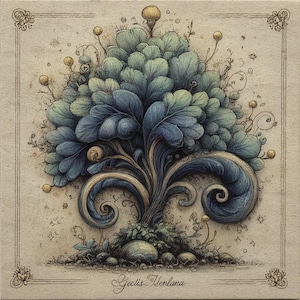 May include: An artistic illustration of a stylized plant with large, blue-green leaves and swirling stems. The artwork features a muted color palette with a beige background and delicate floral accents. The name "Geclis Henlana" is written at the bottom.