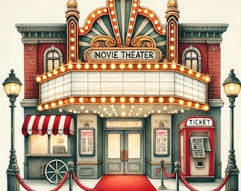 Night at the Movies, cinema clipart, movie shop art, film theater, popcorn stand art, drive-in clipart, vintage cinema, JPG images