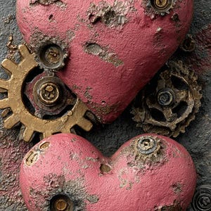 May include: Steampunk-style artwork featuring two textured, rusty red hearts with embedded gears and metallic accents. The design incorporates industrial elements like pipes and cogs, creating a unique, aged aesthetic.