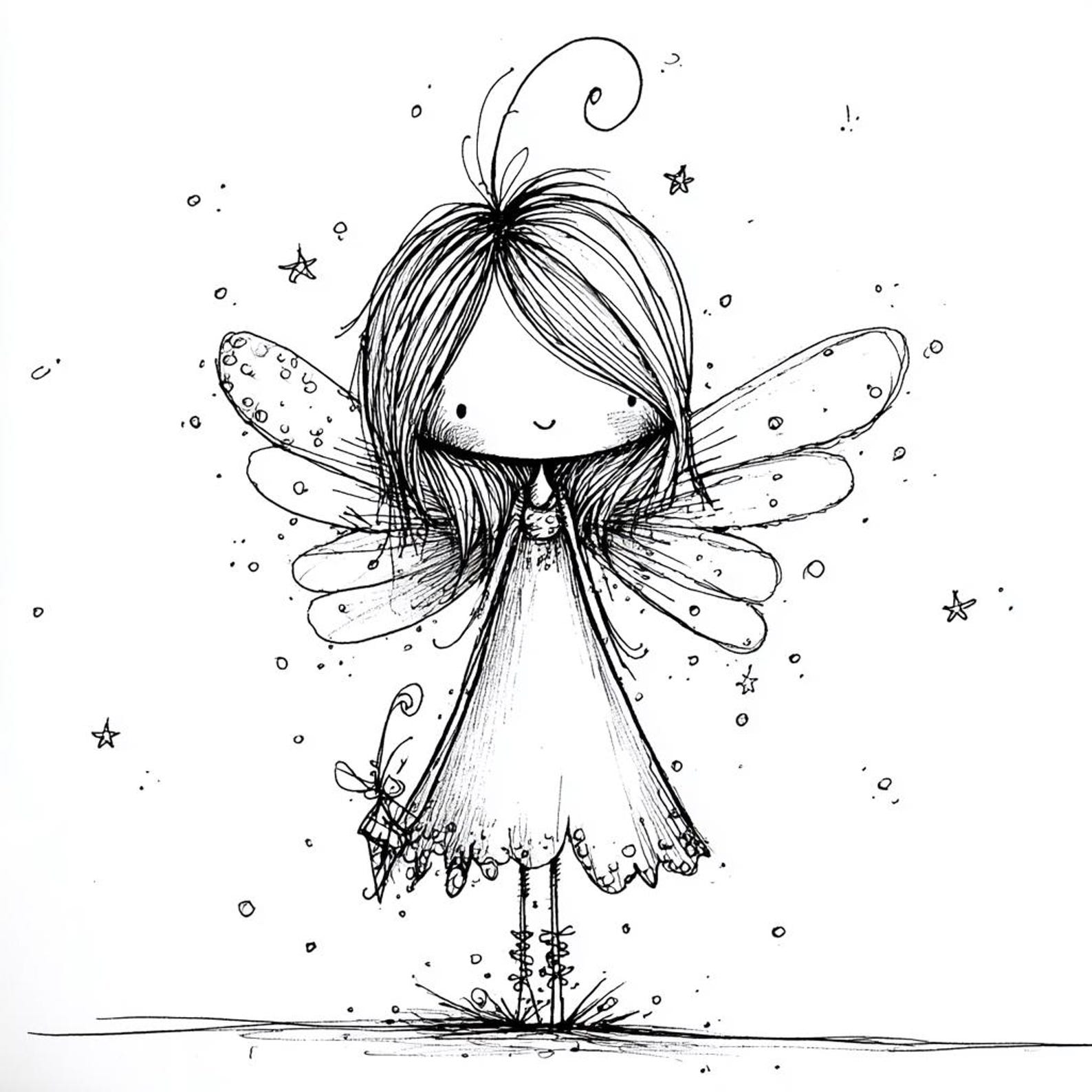 Angel Sketch, Fairy Girl, Star Wings, Christmas Cute, Scribble Art ...