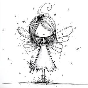 May include: A whimsical black and white illustration of a fairy with large, detailed wings and long hair. The fairy is wearing a dress and holding a small gift. Stars and dots are scattered around the fairy, creating a dreamy atmosphere.