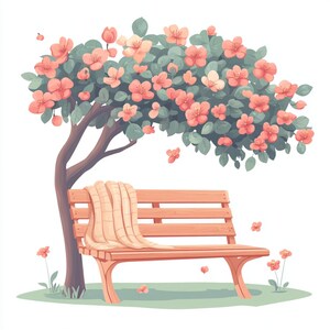 Serenidad primaveral, banco de flores, arte floral de árbol, clipart de jardín, banco de primavera, árbol de flores, jardín romántico, banco de acuarela, imagen JPG