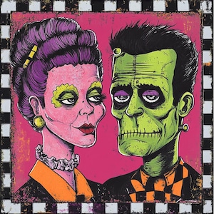 halloween couple, retro monsters, frankenstein art, bride of frank, horror decor, goth halloween, quirky portraits, monster lovers