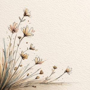 May include: Watercolor illustration of delicate wildflowers in soft peach and yellow hues, with black outline details. The flowers are arranged in a corner composition against a textured, off-white background, evoking a sense of natural beauty and simplicity.