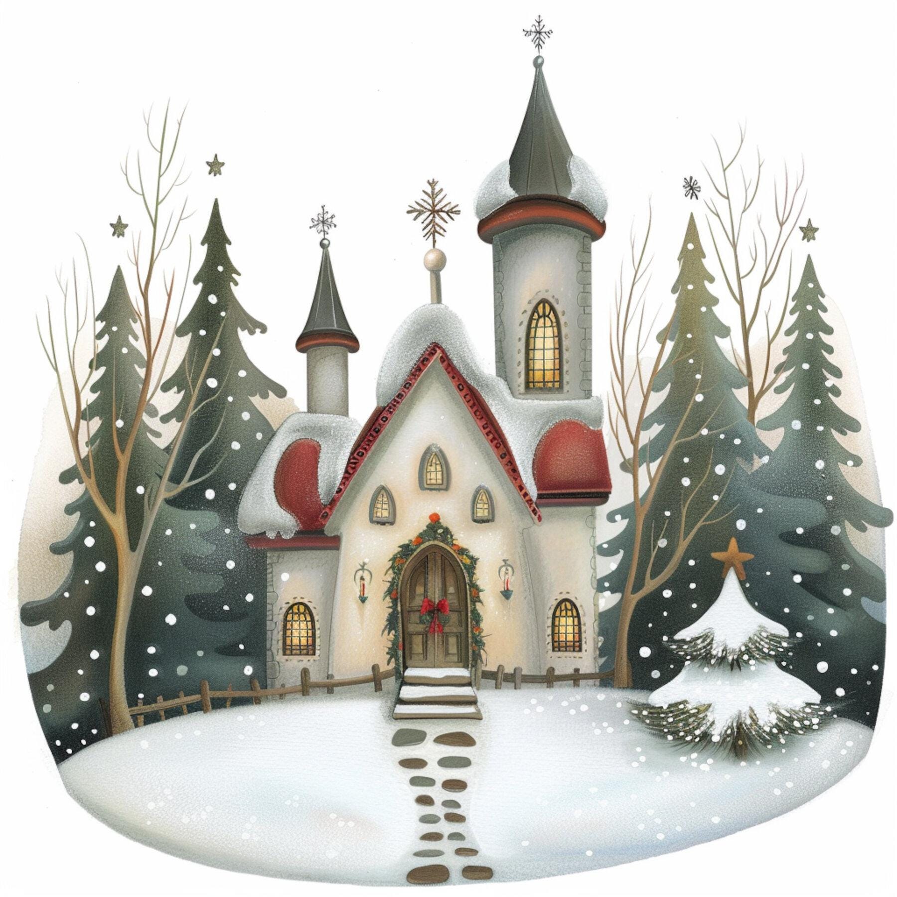 クリスマス教会、雪の教会、冬の教会アート、ホリデー教会、お祭り教会