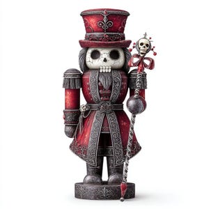 May include: A gothic-style nutcracker figurine with a skull face, dressed in a red coat and top hat. The figurine holds a staff with a skull and bow. The design features intricate detailing and a dark, gothic aesthetic, perfect for Halloween.
