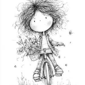 May include: A detailed black and white illustration of a child on a bicycle, with a basket of flowers. The child has messy hair. The bicycle is the focal point, with its wheels and frame clearly depicted. Butterflies are also present in the image.