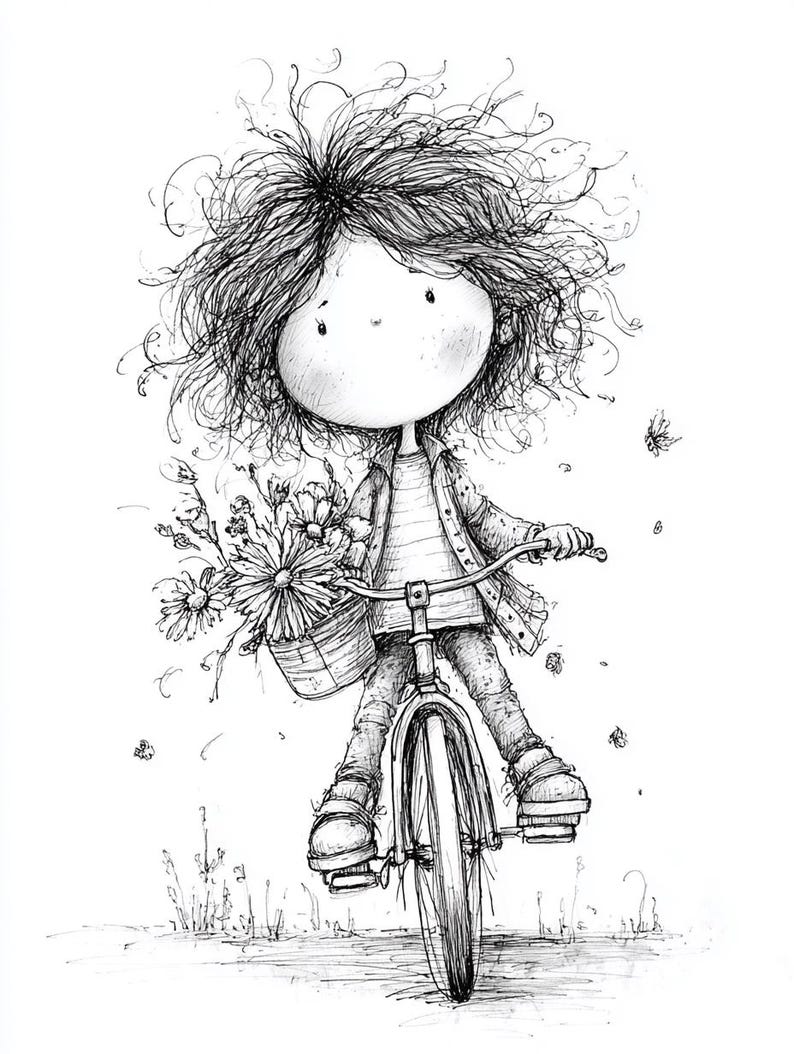 May include: A detailed black and white illustration of a child on a bicycle, with a basket of flowers. The child has messy hair. The bicycle is the focal point, with its wheels and frame clearly depicted. Butterflies are also present in the image.