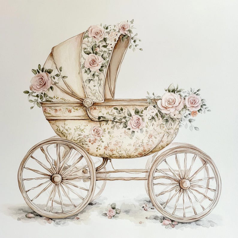 May include: A watercolour illustration of a vintage baby carriage, decorated with pink roses and a floral pattern. The carriage is cream-coloured, with wooden wheels. The design has a classic, romantic feel, reminiscent of a bygone era.