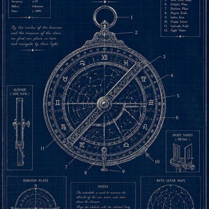 May include: A detailed blueprint of an astrolabe, a historical astronomical instrument, with a diameter of 178 mm. The design features intricate details, including a star map, degree scales, and text describing its function. The image is in shades of white on a dark blue background.