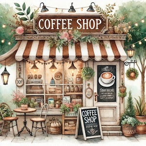 風変わりなコーヒーショップのクリップアート、居心地の良いカフェの店先アート、素朴なエスプレッソブティックのイラスト、コテージコアカフェの装飾