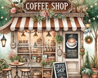 The Coffee Shop, Coffee Cafe, Heißgetränke, Coffee Fix, Aquarell Charm, wunderliche Geschäfte, JPG-Bilder