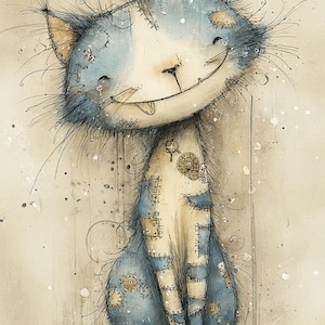 May include: A charming illustration of a seated cat with a patchwork design. The cat is depicted in light blue and cream, with visible stitches and gear-like details. The cat has a wide, friendly smile, with a whimsical style.