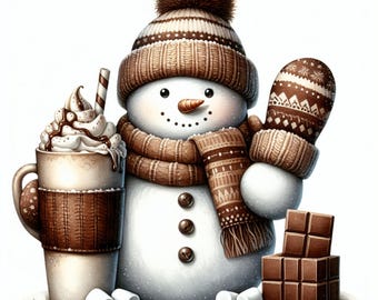 10 Hot Chocolate Snowmen, Snowman Clipart, Hot Chocolate, Marshmallows, Hot Drink, Chocolate sprinkles, JPG images, 300dpi