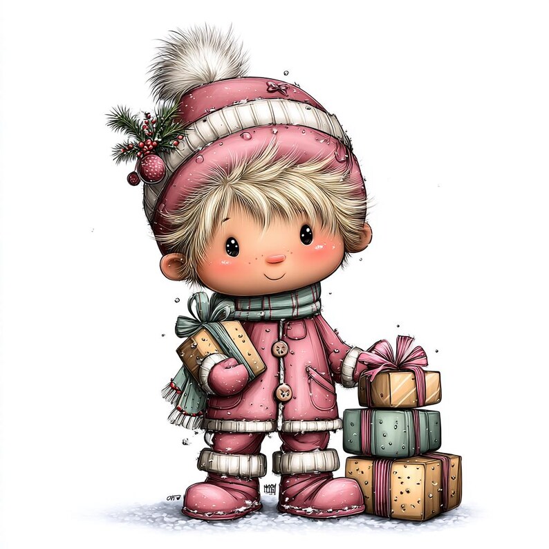 May include: A cartoon illustration of a child wearing a pink winter outfit, including a hat with a white pom-pom, a scarf, and boots. The child is holding a wrapped gift and standing next to a stack of presents, all in festive colors.