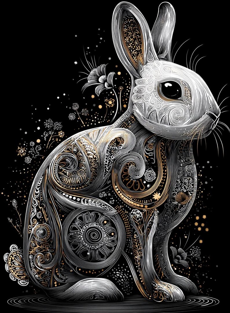Midnight Filigree Hare CLIPART, Ornate Lace Bunny Silhouette Art, Gold ...