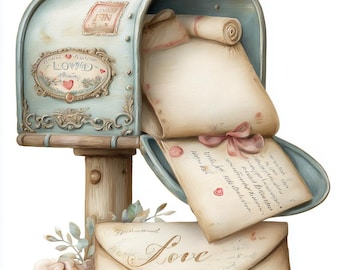Love Mailboxes, Vintage Valentine Clipart, Romantic Mailbox Art, Floral Envelope PNG, Pastel Love Letter Illustrations