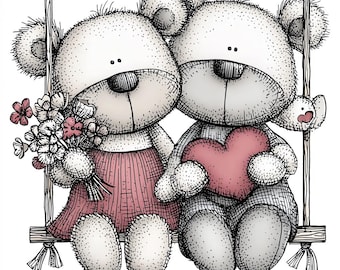 Valentine Teddy Bears Clipart, Love Swing PNG, Cute Couple Illustration, Hand-Drawn Plush Bears with Flowers and Heart