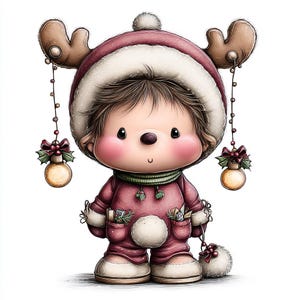 May include: A cartoon illustration of a child dressed in a festive Christmas outfit. The outfit is primarily red with white accents, including a hat with reindeer antlers and a fluffy pom-pom. The child has rosy cheeks and is holding ornaments.