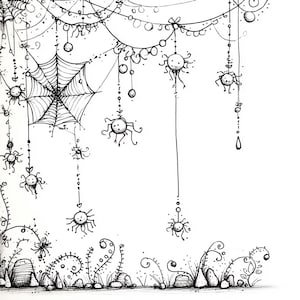 May include: A whimsical black and white illustration featuring a spider web, cartoon spiders, and decorative elements. The artwork has a hand-drawn style, with detailed lines and a playful, slightly spooky theme. The spiders are suspended from delicate strings.
