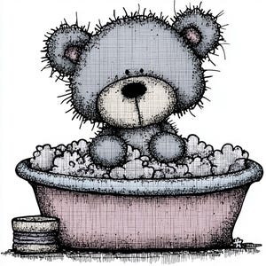 May include: A gray teddy bear illustration sitting in a pink bathtub filled with bubbles. The bear has a black nose and is surrounded by fluffy white bubbles. A small, round, gray object sits next to the tub.