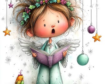 christmas angel, singing angel, holiday decor, festive art, caroling angel, christmas child, angel illustration, holiday print, xmas art
