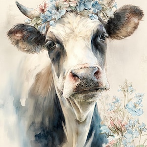 May include: Watercolor painting of a cow with a floral crown of blue and pink flowers. The cow has black and white markings and is set against a soft, neutral background. A bouquet of blue flowers is in the foreground.