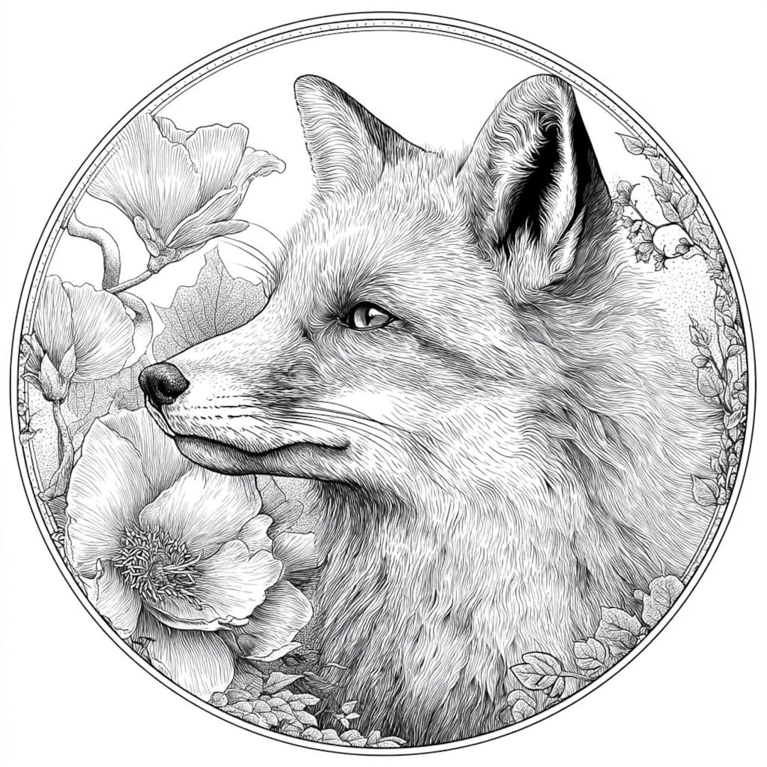fox art, floral fox, baroque style, line drawing, black and white, fox  portrait, ornate design, vintage fox, intricate artwork, image size:1080x1080