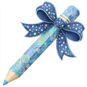 Pencil Clipart, Bow Pencil Art, Cute Pencil Bow, Back to School, Stationery Art,  Pretty Pencil, Polka Dot Bow, Teacher Gift Art