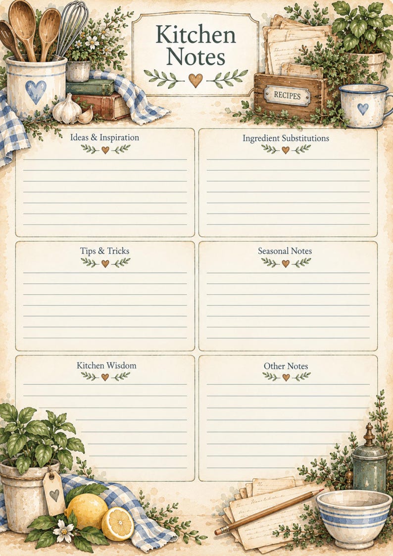 Family Recipe Keeper Printable Journal Pages, Vintage Kitchen Recipe ...