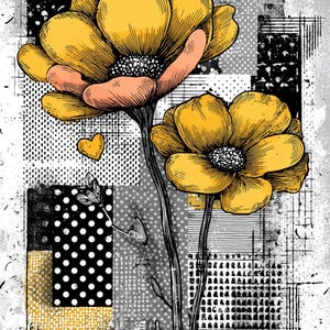 May include: An abstract floral art print featuring two large yellow flowers with black outlines and a heart shape. The background is a collage of black, white, and gray geometric patterns, including polka dots and stripes. The flowers have peach-colored petals.
