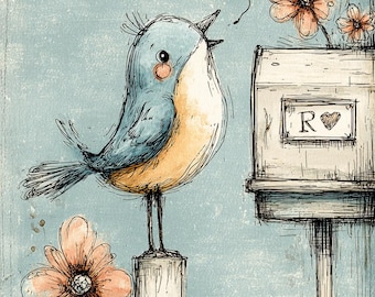 Whimsical Bird Mailbox CLIPART, Cottagecore Bluebird Art