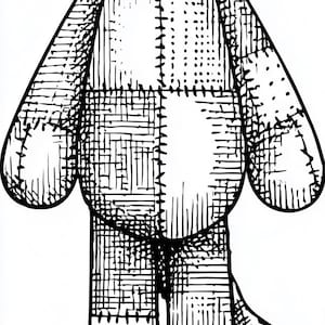 May include: Black and white illustration of a standing cat-like stuffed animal. The cat has a stitched appearance with visible seams and a smiling face. The design is reminiscent of a handmade toy.