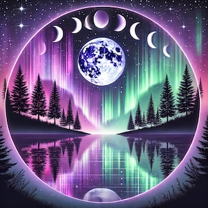 Noche estrellada, Noche serena, Fases de la luna, Auroras vibrantes, Paisaje tranquilo, Luces del norte, Aurora boreal, 12 imágenes jpg