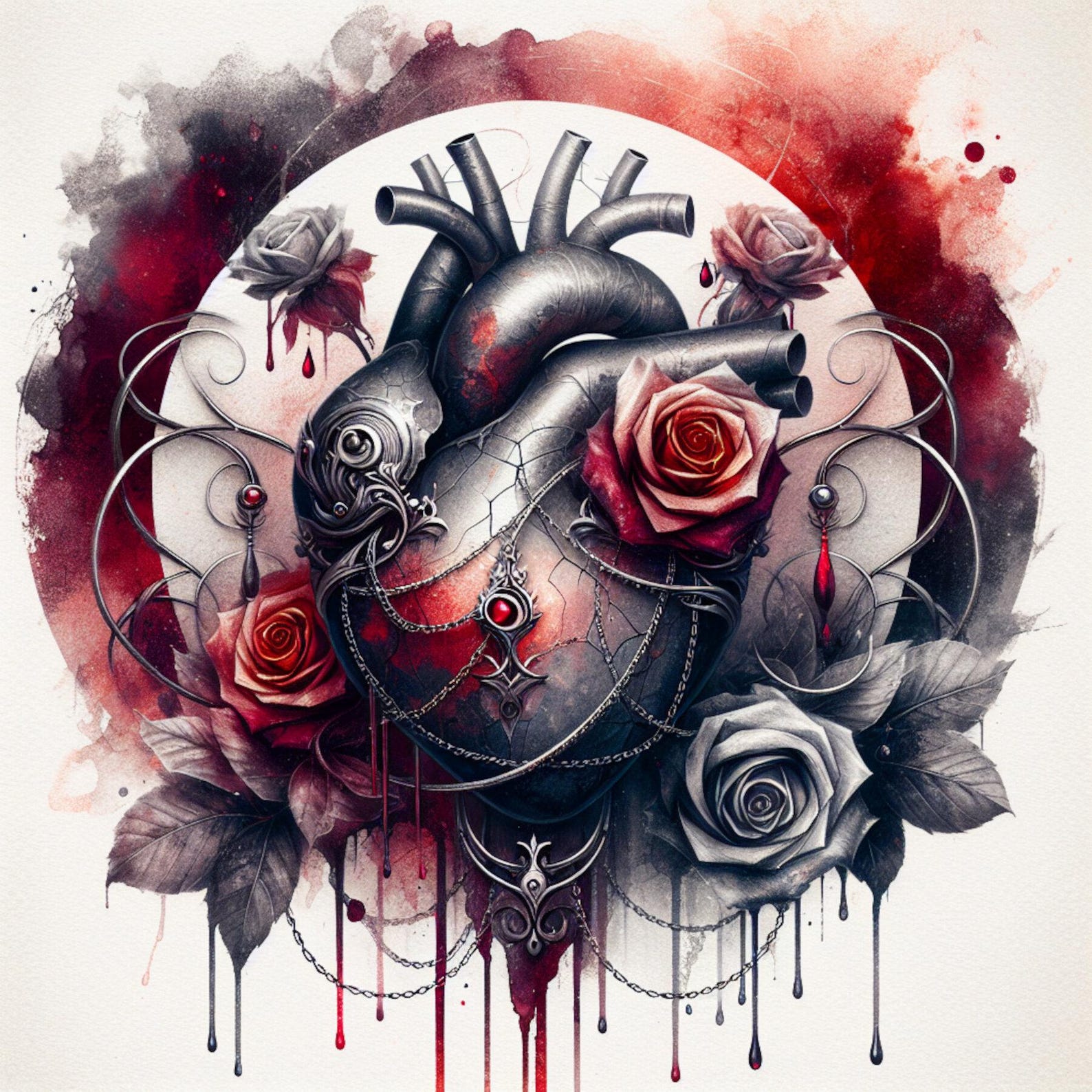 Heart in Chains, Ink Wash Art, Emotional Symbolism, Abstract Background ...