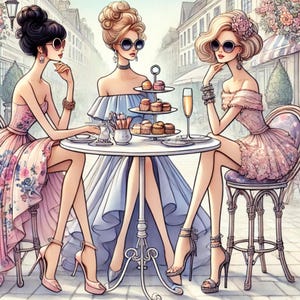 Ladies who Lunch, café scene illustration, watercolor ladies art, chic lifestyle art, luxury tea party, stylish social gathering, JPG images