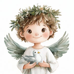 Olive Joy, disegno di un bambino angelo, clipart di una colomba della pace, schizzo di un bambino santo, bambino della natività, disegno di un angelo bambino, cherubino natalizio, stampa artistica della fede, JPG